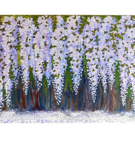 Items similar to Wisteria Trees Original acrylic impasto painting white blue flowers on