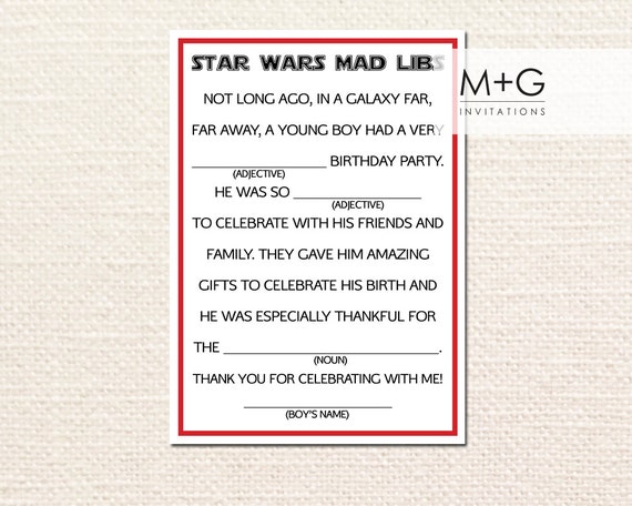 Star Wars Birthday Party Mad Libs Thank You Note Card: Digital