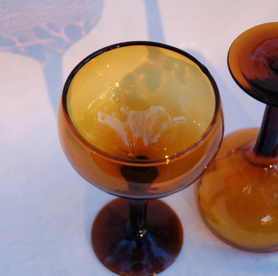 2 Vintage Champagne Coupe Glasses Amber Colored Glass 60s
