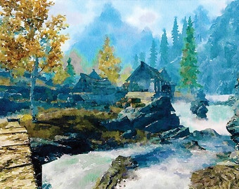Watercolor art, home decor, Skyrim game art poster, video game art, video game poster, video game decor, elder scrolls Christmas present