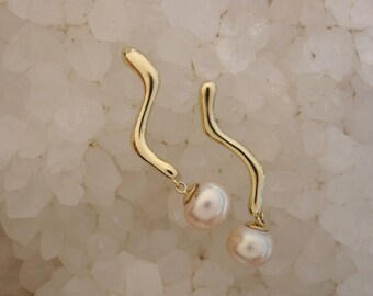 Pink Pearl Dangle Earrings with 14kt yellow gold