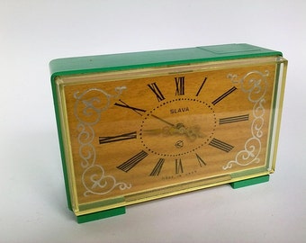 20% OFF Vintage Soviet Era Alarm Clock Slava, Mechanical Clock Home Decor, Turqoise Plastic Clock Office Decor, Timepiece - made in USSR 80s