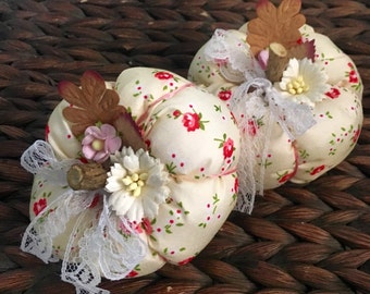 Primitive Rustic Vintage Fabric Pumpkin Autumn Decor Shabby Chic Fall Pink Rose