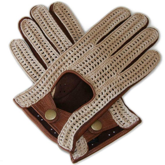 Mens Horse Riding glovesdeerskin leathercrochetbrowncream