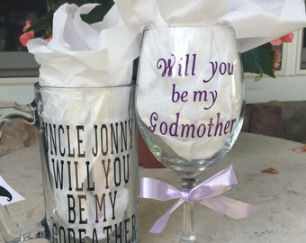 Will You Be My Godmother Wine Glass, Will You Be My Godfather Beer Mug, Godparent gift, Personalized asking to be Godparents Gift