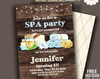 Spa Party invitation, pumpering party, slumber and spa birthday, Printable Self Editable PDF File A141