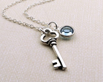 Silver Key Necklace, Skeleton Key, Personalized Key Jewelry, Silver Key Charm Necklace, Key Birthstone Necklace, Birthstone Jewelry