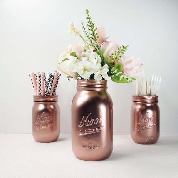 3 Rose Gold Metallic Hand Painted Mason Jars Flower