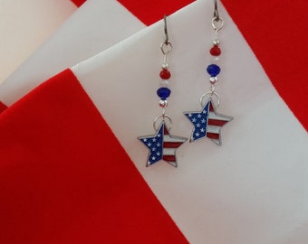 Patriotic Earrings FREE SHIPPING American Flag Earrings Leverback Clip On Red White and Blue Earrings Patriotic Jewelry 4th of July Earrings