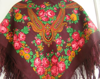 32' Vintage Floral Shawl Fringed Chale Russe Antique Russian Shawl Women Wool Burgundy Ukrainian Shawl Wrap Granny Gifts for Wife Xmas Gift