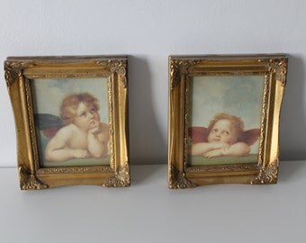 Pair Of Vintage Gold Ornate Framed Cherub Pictures - Shabby Chic