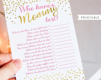 Pink and Gold Baby Shower Game Printable - Who Knows Mom Best - Printable Baby Shower Game - Instant Download - BSG2