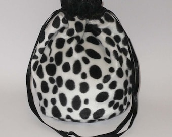 Dalmation Animal Print Faux Fur Dolly Bag / Purse/ Evening Handbag With Black Satin Ribbon