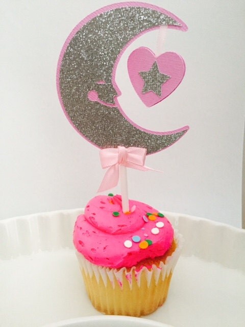 Moon and Star Cupcake topper cake topper pink and silver