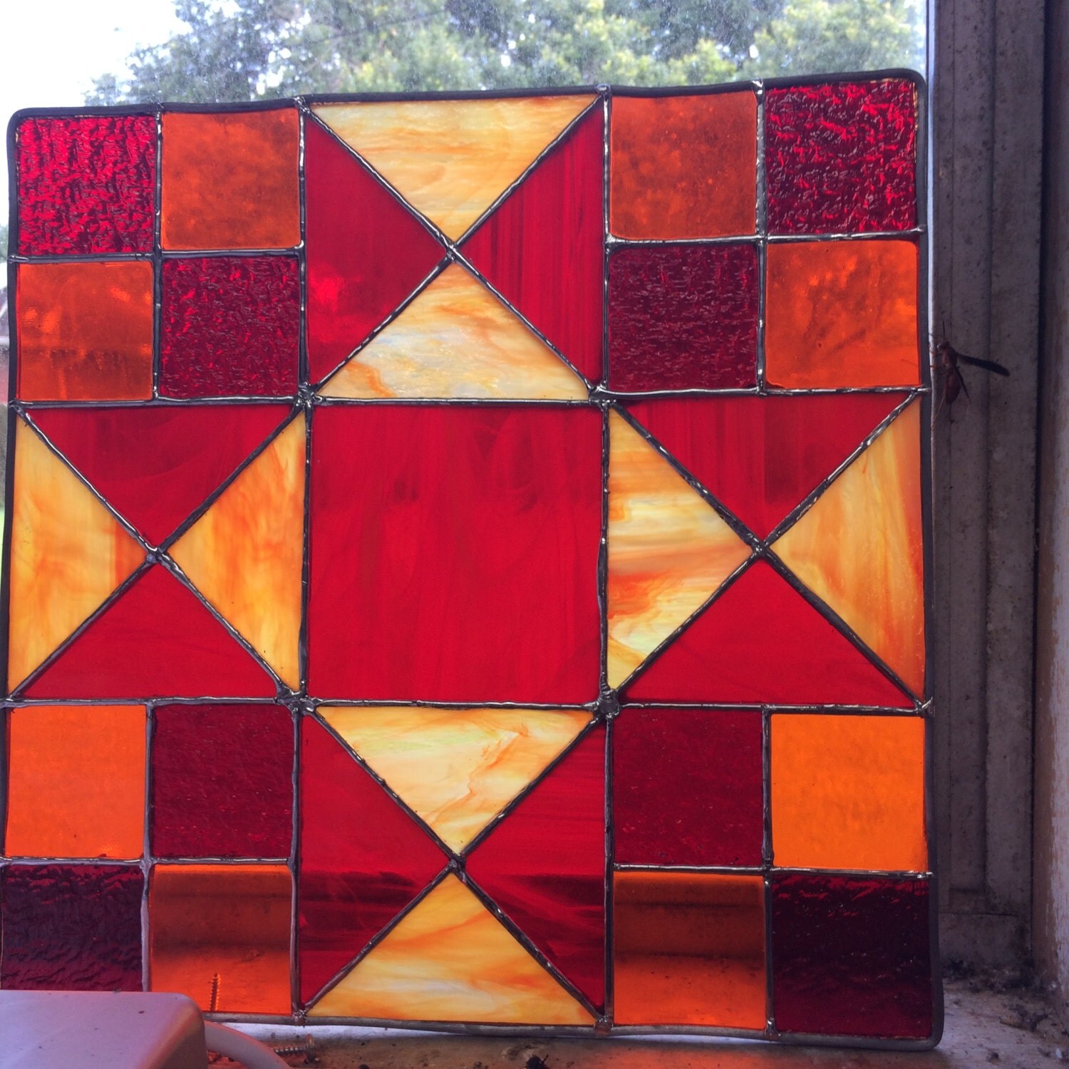 Handmade 14 quilt block stained glass in red yellow and