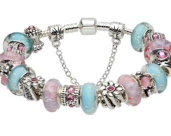 Silver Plated Charm Bracelets, Pink and Blue Murano Pink Glass Beads. Charm Bracelets for women. Gift Bracelet. Anniversary Gift.
