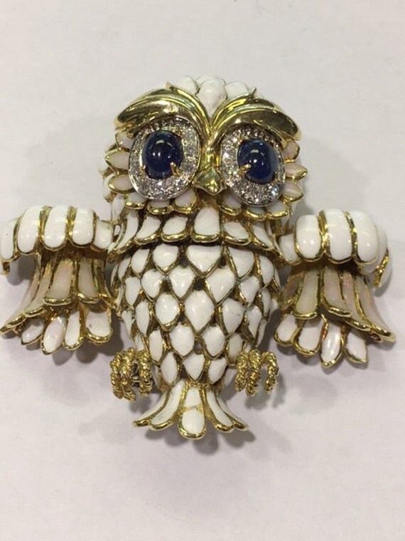 Rare Vintage 18k Enamel Owl Pin Brooch By Uniquejewelrybykiki