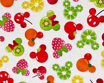 IN STOCK Disney Fabric: Disney Mickey Mouse, Mickey and Friends, Mickey Minnie Fruit on White 100% cotton fabric by the yard 36"x43" (A296)
