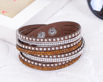 Crystal Swarovski Elements Leather Strap Bracelet Brown