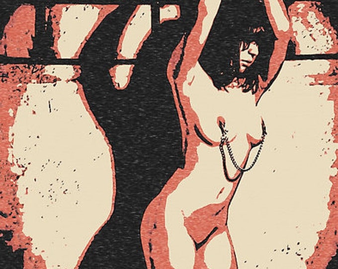 Erotic Art 200gsm poster - Dark Fetish Dungeon, naked girl in stockings art print, nude womans body artwork, sexy conte sketch HQ 300dpi