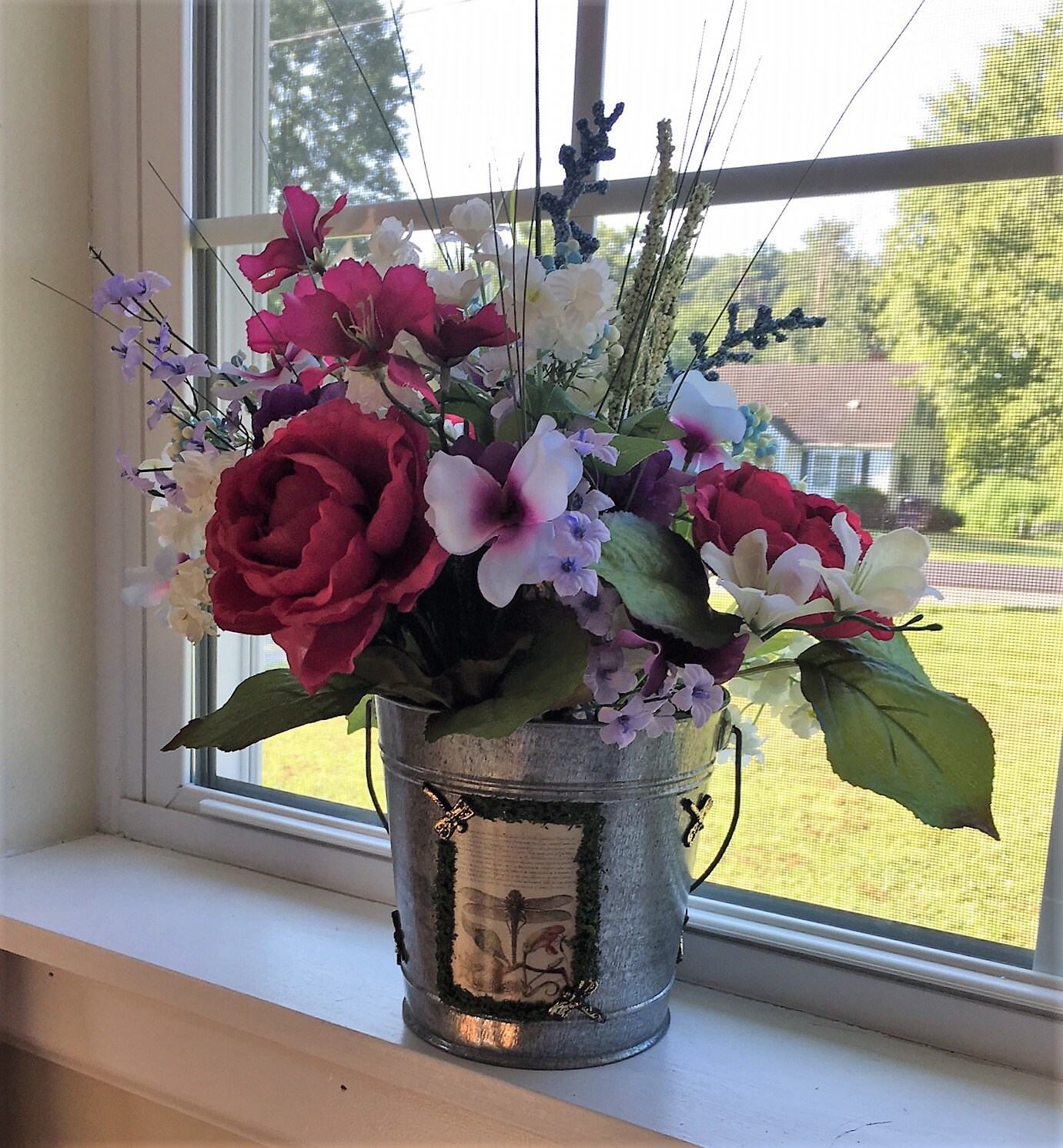 Flower Arrangement Flora Arrangement Metal Bucket Dragonfly