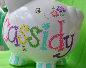 Personalized Large Piggy Bank - Girl's Room Hand Painted Bees, Butterflies & Flowers Design Ceramic Piggy Bank with Name
