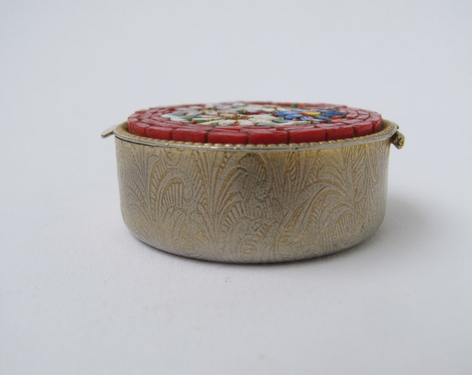 Vintage micromosaic pill box, Italian ring box, trinket box, snuff box. Red border with blue-white-pink flowers mosaic metal box