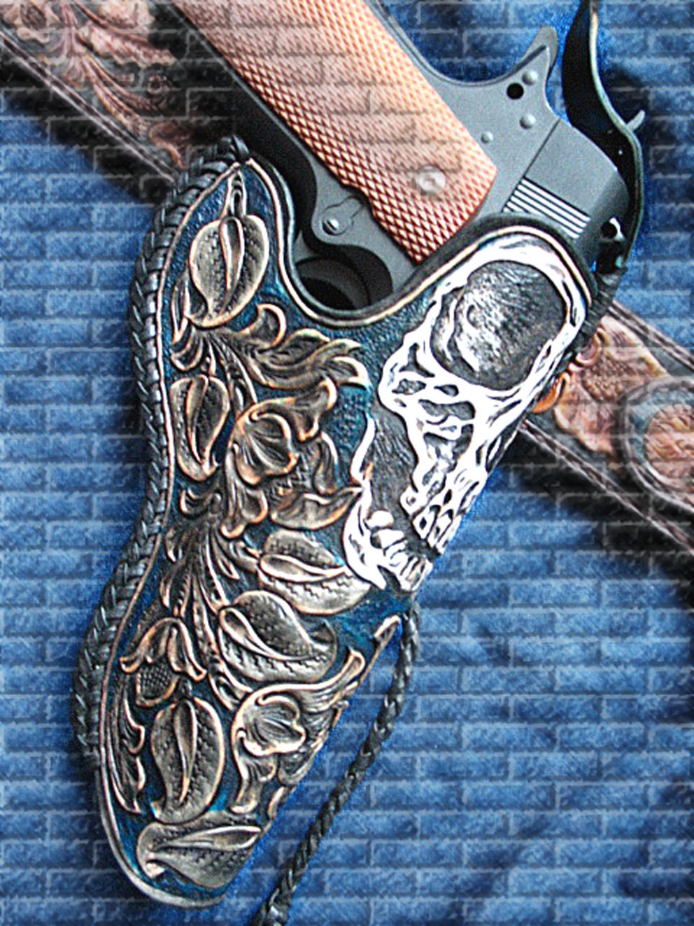 Tooled 1911 leather holster skull floral