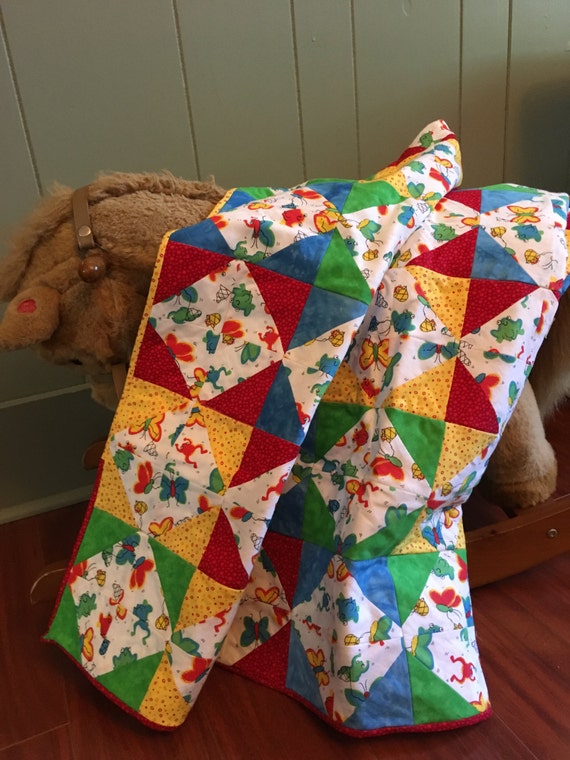 Lap Quilt Red Blue Green Yellow and White Baby Quilt with