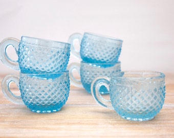Five vintage blue glass shot glasses - Aperitif glasses - Set of five small liquor glasses depression glass - Blue depression glass glasses