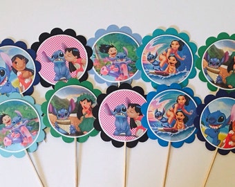 12 LILO and Stitch cupcake toppers OR favor tags, birthday decorations, LILO ans Stitch party favors