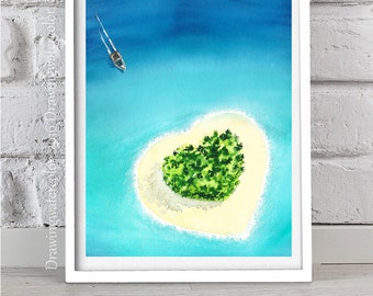 Original Watercolor Painting Sea watercolor Beach blue Home decor Watercolor boat Sun painting Nature painting Island sea Island watercolor