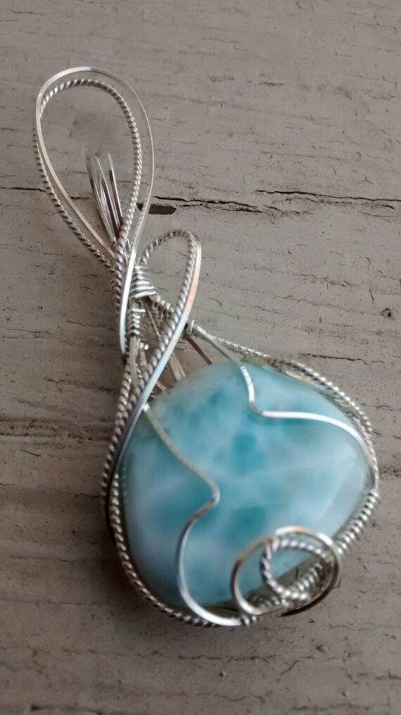 Larimar Pendant Sterling Wire Wrapped by KittyDWireArtJewelry