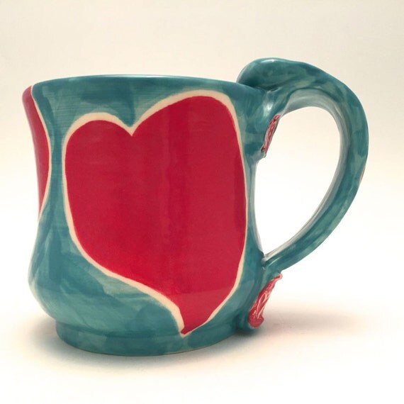 Ceramic Mug Sweetheart Hearts On Turquoise by JudyBFreeman on Etsy