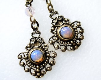 Victorian Style Pink Glass Opal Antiqued Brass Dangle Earrings