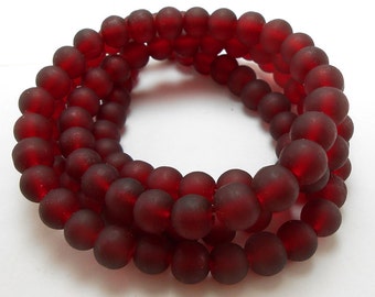 50 Dark Red Matte Sea Glass Beads 8mm frosted beach glass round (H5003)