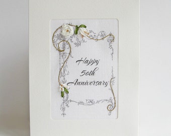 50th Anniversary card, embroidered greeting card, special milestone celebration card, silk ribbon card, handmade card, ribbon embroidery