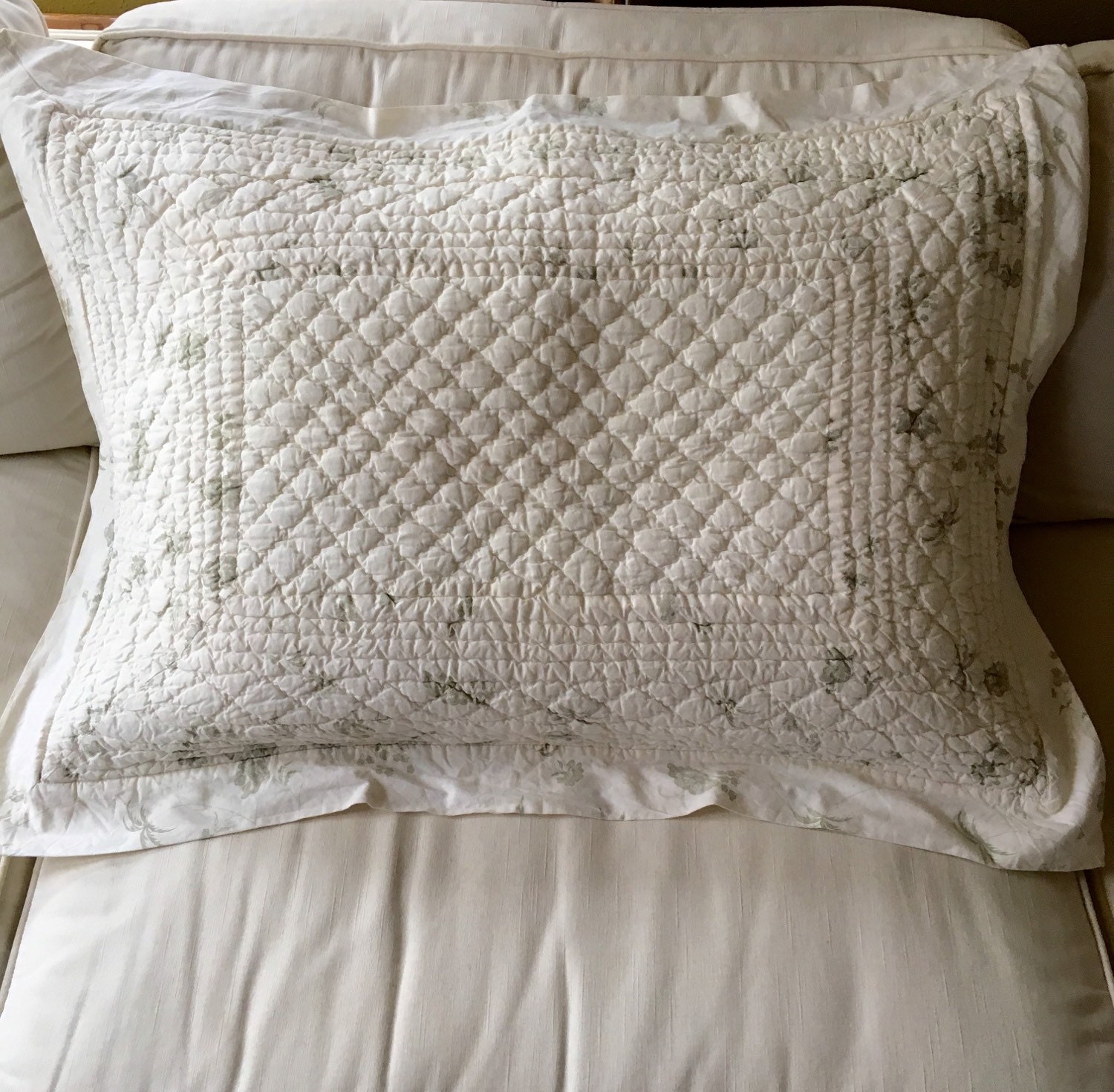 Vintage Quilted Pillow Sham Creamy White with Sage by solsticehome