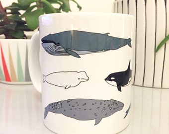 Whale illustrated mug - wildlife / nature / ocean printed gift - orca - narwhal - blue whale