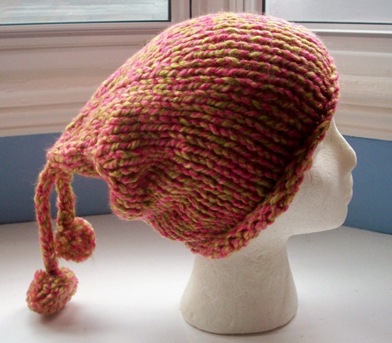 Double pompom beanie hat, vegan, wee willie winkie hat, hand knitted, soft, thick, warm, pink, green, cream