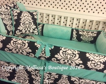 Custom Black & White Damask with Aqua/Teal Accent Boutique Complete/Full 5 Pc Crib Bedding Set