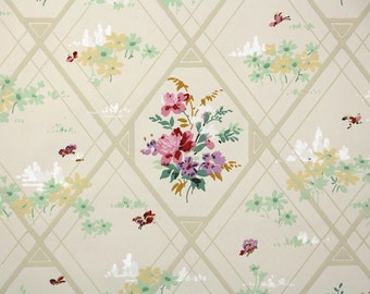 1920s Vintage Wallpaper by the Yard - Antique Floral Wallpaper with Purple and Pink Flowers in Diamaonds