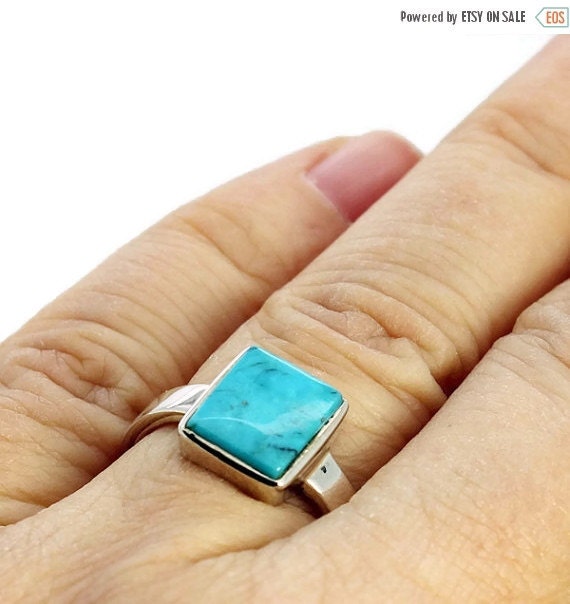 Small Natural turquoise square ring made of 925e solid silver