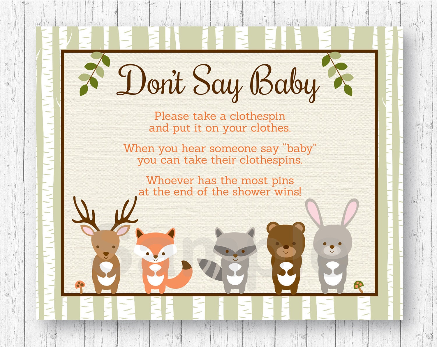 Woodland Forest Animal Don't Say Baby Baby Shower Game