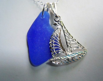 Sea Glass Necklace Blue Beach Glass Jewelry Ship Nautical Jewelry Pendant Necklace