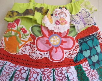 en chartreuse - Boho Style Hippie Chic - Vintage Embroidery Doily Dress - Wearable Fabric Folk Art Collage TUNIC - Artist Clothing - mybonny