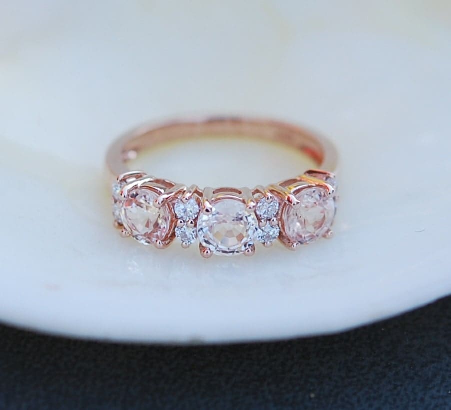 Peach sapphire anniversary ring 3 stone ring 14k rose gold diamond ring