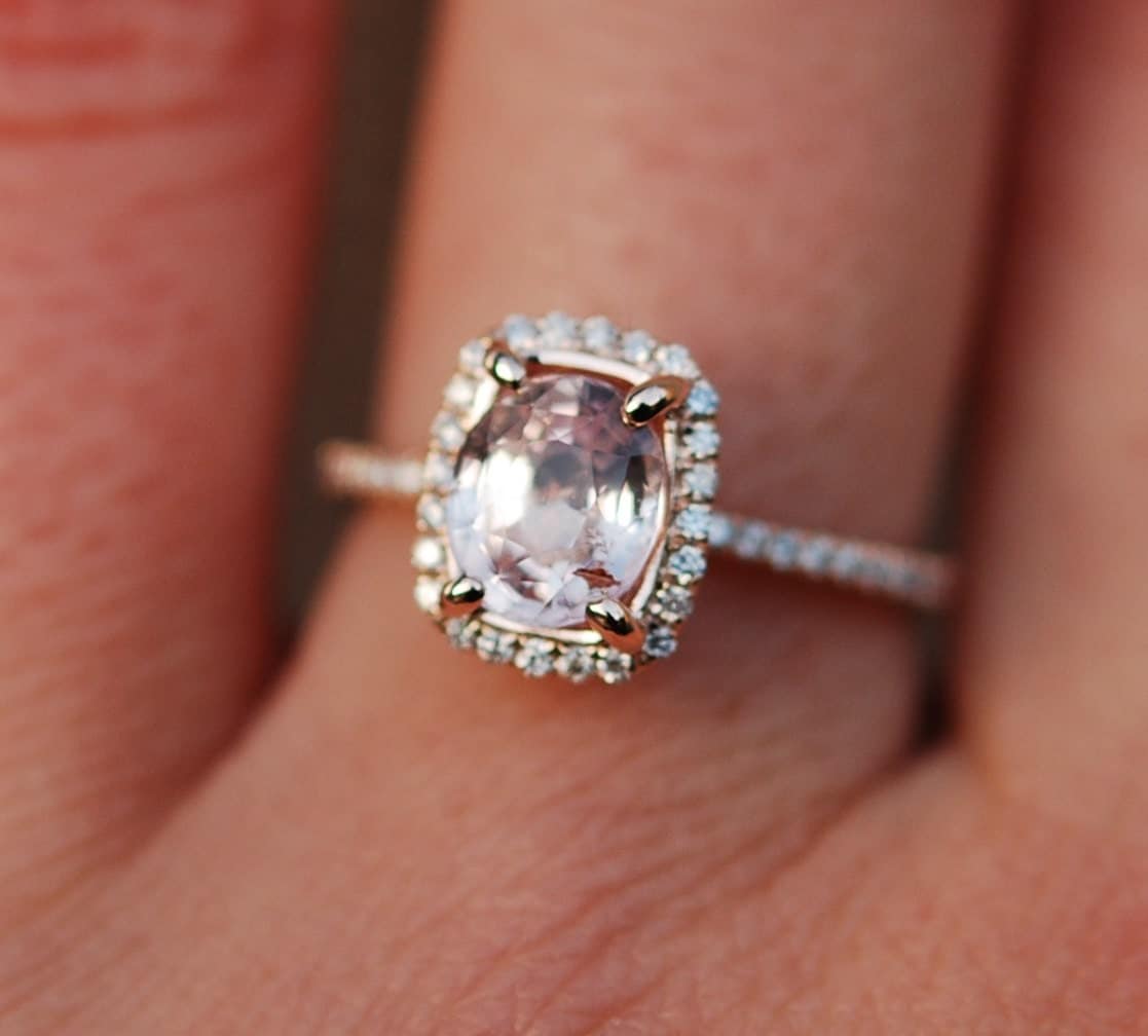  Peach Champagne Sapphire Engagement Ring  14k Rose Gold Diamond
