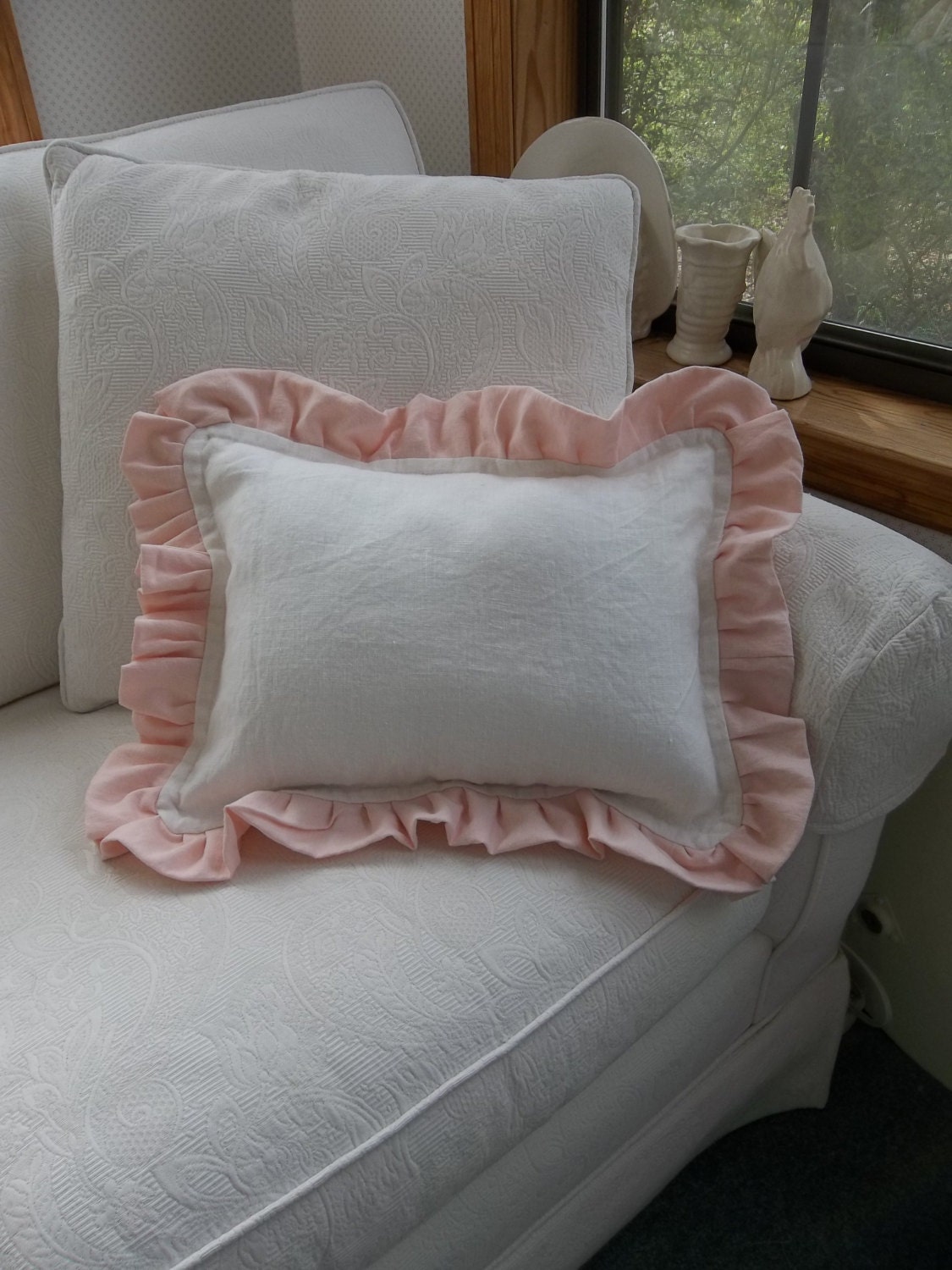 PINK Ruffled Linen Pillow Custom Sizes White Linen Ruffled