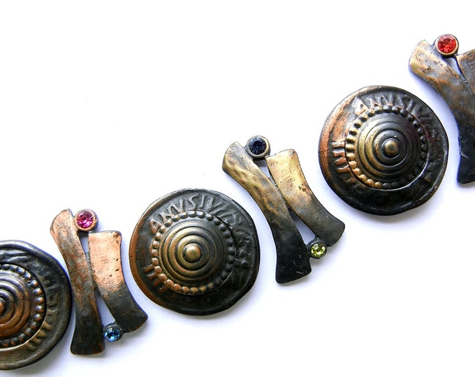 Set of Abstract Antique Copper-tone Slide Charms with Colored Rhinestones